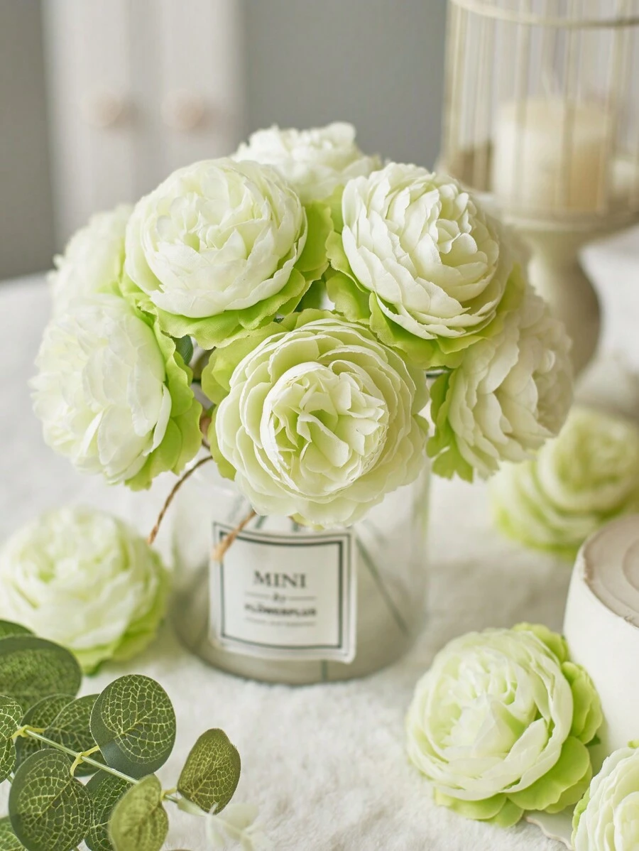 12/24pcs Artificial Flowers Simulated Peony Flower Heads With Stems For Wedding Party Decoration, Cake Decoration And Home Living Room Table Decoration - Mint Green - View 1