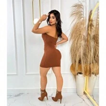 Short Strapless Dress With Fitted Cup And Ribbed Tube Top - Rust Brown - View 2