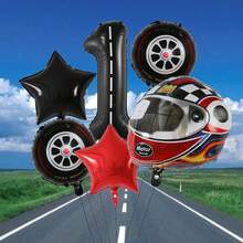賽車主題氣球套裝，包括編號頭盔、輪胎、星星和鋁箔氣球，適用於生日派對和勝利慶祝活動，可挑選0-9數字 - 彩色 - 查看 3