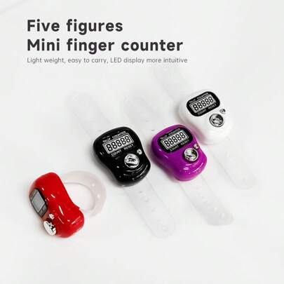 1 Contador de dedos mini de 5 dígitos, pantalla LED, cuenta/reinicio con un solo botón, diseño con correa para la muñeca, adecuado para culto en templos, recuento de multitudes en eventos, verificación de inventario, estadísticas de enseñanza, seguimiento de fitness, ligero y portátil, opciones de varios colores, operación intuitiva