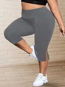 Pantalones capri de talla grande para mujer con cintura alta y abertura lateral, elásticos y cómodos - Gris - Ver 3