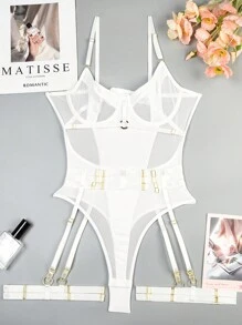 Body sexy pour femme avec dos en maille et boucle en métal, comprenant un ensemble de porte-jarretelles et de bas