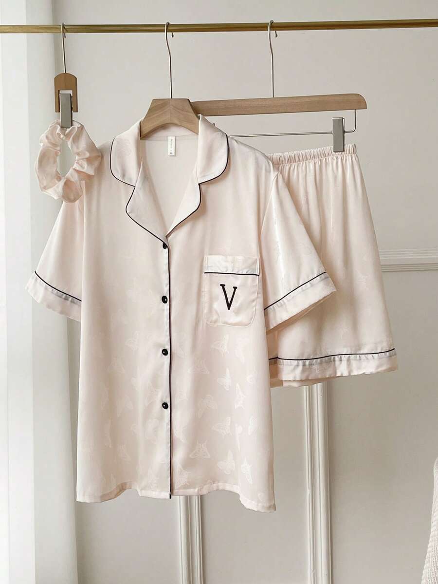 2入組女式短袖冰絲睡衣,輕盈優雅的家居服裝 - 淺粉色 - 查看 1