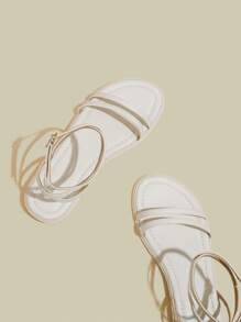 女士黑色平底交叉露趾系带凉鞋，夏季鞋，带扣平底沙滩凉鞋 - 白色 - 查看 5