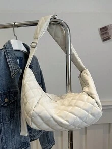 新款時尚大容量鑽石拼接月牙形肩背包、斜挎包 - 白色 - 查看 4