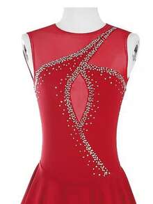 Disfraz de patinaje artístico rojo sin mangas con red en la espalda, pedrería, alto estiramiento, traje de entrenamiento de competición de patinaje artístico, disfraz de baile - Rojo - Ver 3