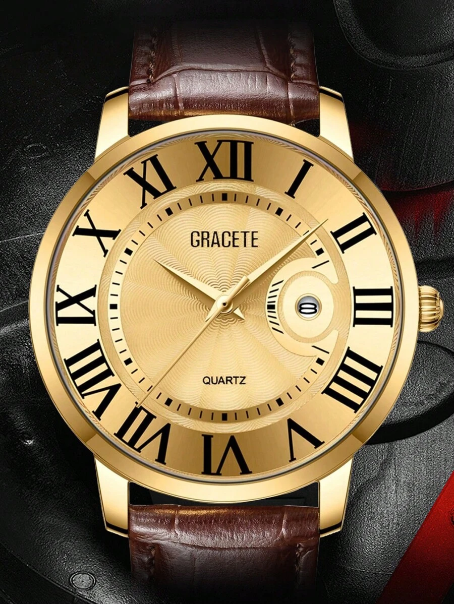 GRACTE 豪华男士石英表，配有皮革表带、日期功能和盒子，1 件，作为返校学生的礼物 - 金色 - 查看 1