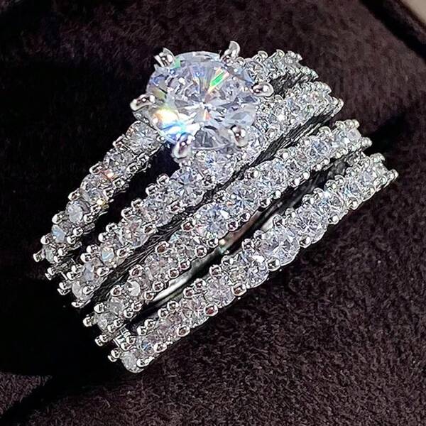 Ensemble de bagues de luxe à la mode en alliage d'argent incrusté de zircone, 2 pièces, décoré de cubic zirconia, convient pour le port quotidien de femmes ou bague de fiançailles