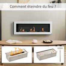 HOMCOM Cheminée bioéthanol Murale encastrable 3 brûleurs 3 L au total, environ 3 h de durée de combustion, dims. 120L x 15l x 40H cm, acier inox blanc - Blanc - Voir 3