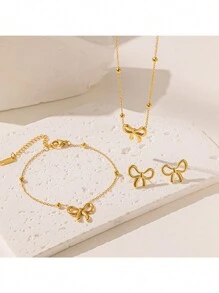 1入新款金色不掉色不鏽鋼項鍊套裝，由逃亡公主風格蝴蝶結及圓珠組成吊墜，女性時尚極簡鎖骨鏈 - 金黃色 - 查看 1