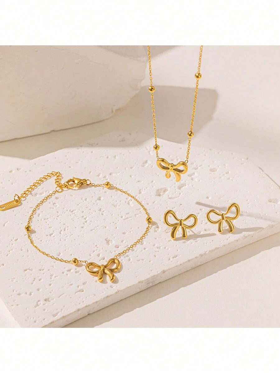 1入新款金色不掉色不鏽鋼項鍊套裝，由逃亡公主風格蝴蝶結及圓珠組成吊墜，女性時尚極簡鎖骨鏈 - 金黃色 - 查看 1