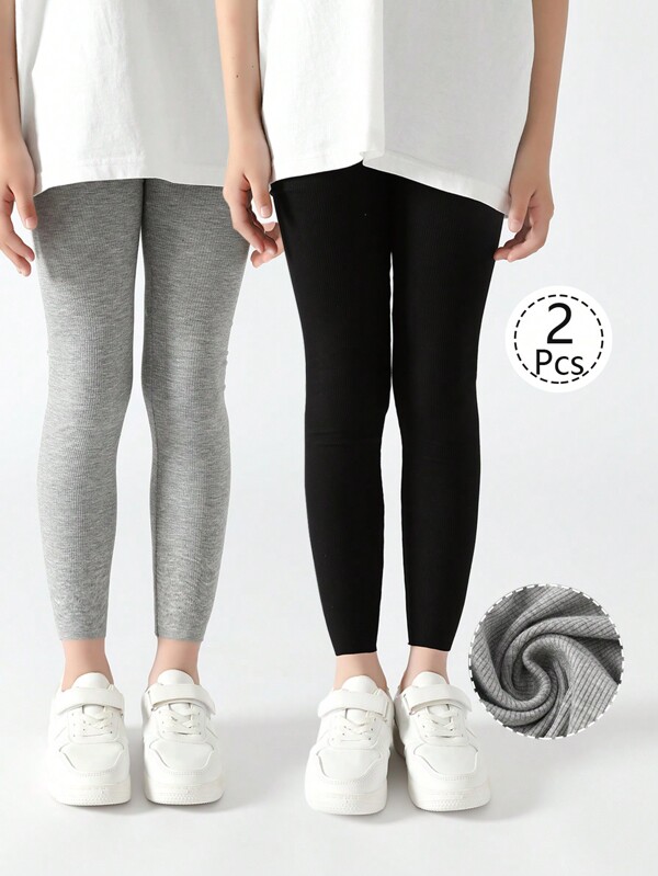 2/1 Pair Summer Girls Leggings, Kids Tights, Toddler Ankle Length Pants, Vertical Stripes, Black, Gray, Solid Color, Multi-Color, Thin For Spring/Summer, Casual, Yoga, Simple & Fashionable, Suitable For Daily Wear, Soft & Comfortable Leggings, Can Be Paired With Short Sleeves For Students, Back To School Season