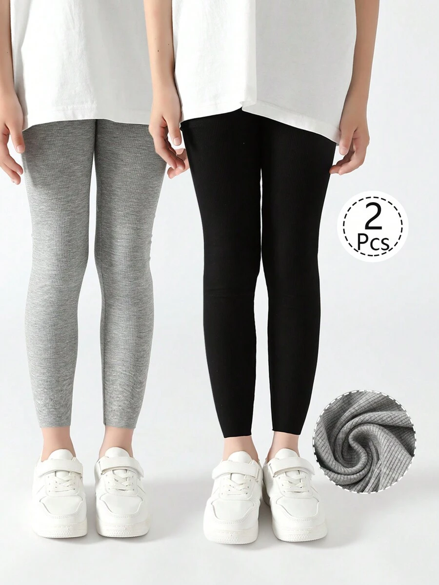 2/1 双女童紧身裤，儿童紧身裤，婴幼儿七分紧身裤，竖条纹，黑色，灰色，纯色，多色，轻盈春夏季，简约时尚，适合日常穿着，柔软舒适的紧身裤，可搭配短袖，适合返校季，休闲搭配，学生，新学期