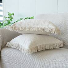 1 pièce Housse de coussin à franges en tricot texturé, Housse de coussin pour canapé de couleur unie, Housse de coussin pour appui-tête de lit pour décoration de chambre bohème