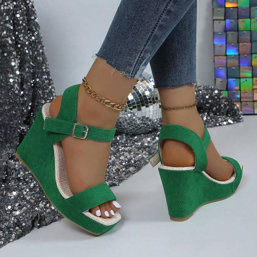 2024 New Summer High Heel Wedge Sandals, Open Toe, Fashionable Striped Strap Women's Shoes