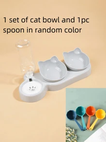 1pc Cat Ear Design Pet Double Bowl With Drinking Bottle For Dog And Cat For Drink More Water And Food Feeding - Light Grey - View 15