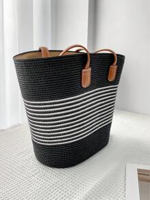 1 Set Women Summer Bohemian Black Wide Brim Straw Hat And Straw Shoulder Tote Bag, Foldable Sun Protection Beach Hat And Roomy Tote Bag, Suitable For Beach, Travel, Shopping And Work - View 6