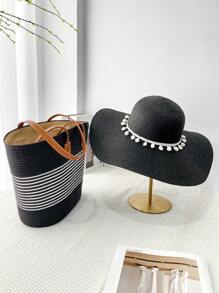 1 Set Women Summer Bohemian Black Wide Brim Straw Hat And Straw Shoulder Tote Bag, Foldable Sun Protection Beach Hat And Roomy Tote Bag, Suitable For Beach, Travel, Shopping And Work - View 2