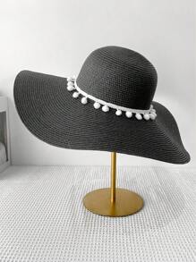 1 Set Women Summer Bohemian Black Wide Brim Straw Hat And Straw Shoulder Tote Bag, Foldable Sun Protection Beach Hat And Roomy Tote Bag, Suitable For Beach, Travel, Shopping And Work - View 4