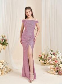 Teen Girls' Off-Shoulder Mermaid Evening Gown With High Slit & Flared Fish-Tail Hemline – Formal Attire For Weddings, Galas, Pageant Events, Charity Balls, And Luxury Birthday Celebrations