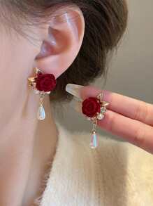 topshiny 1pair Flocked Red Rose Faux Pearl Floral Drop Earrings, Elegant & Fashionable Jewelry For Daily, Party, Event Wear Valentines