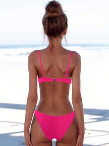 Women's Summer Beach Solid Color Sexy Bikini Set, Vacation Bikini Set Casual - Watermelon Pink - View 2