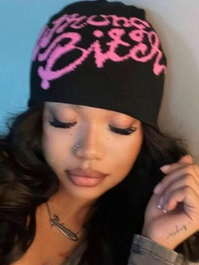 1pc Women's Fashionable Jacquard Knit Hat With Small 'Wrong' Lettering, Suitable For Everyday Wear