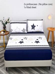 3pcs Creative Printed Bedding Set, Soft And Comfortable, Suitable For Bedroom, Guest Room (1 Fitted Sheet + 2 Pillowcases, Without Core) - Blue and White - View 3