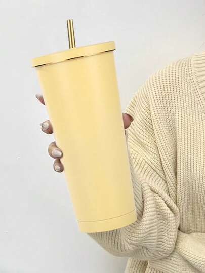 Stainless Steel Insulated Cup With Straw, Large Capacity Vacuum Coffee Mug, Portable Car Gift  Cup