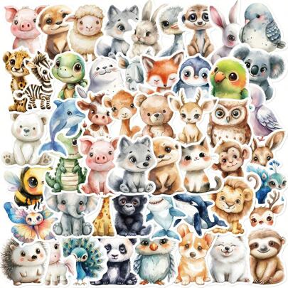 50pcs Watercolor Animal Style Stickers, Cartoon Graffiti Decoration Stickers For Laptop, Water Bottles, Luggage, Helmets, Skateboards, Stationeries, Motorcycles, Teenagers, Classroom Decoration, Arts And Crafts Supplies [Child-Certification Included] Back To School
