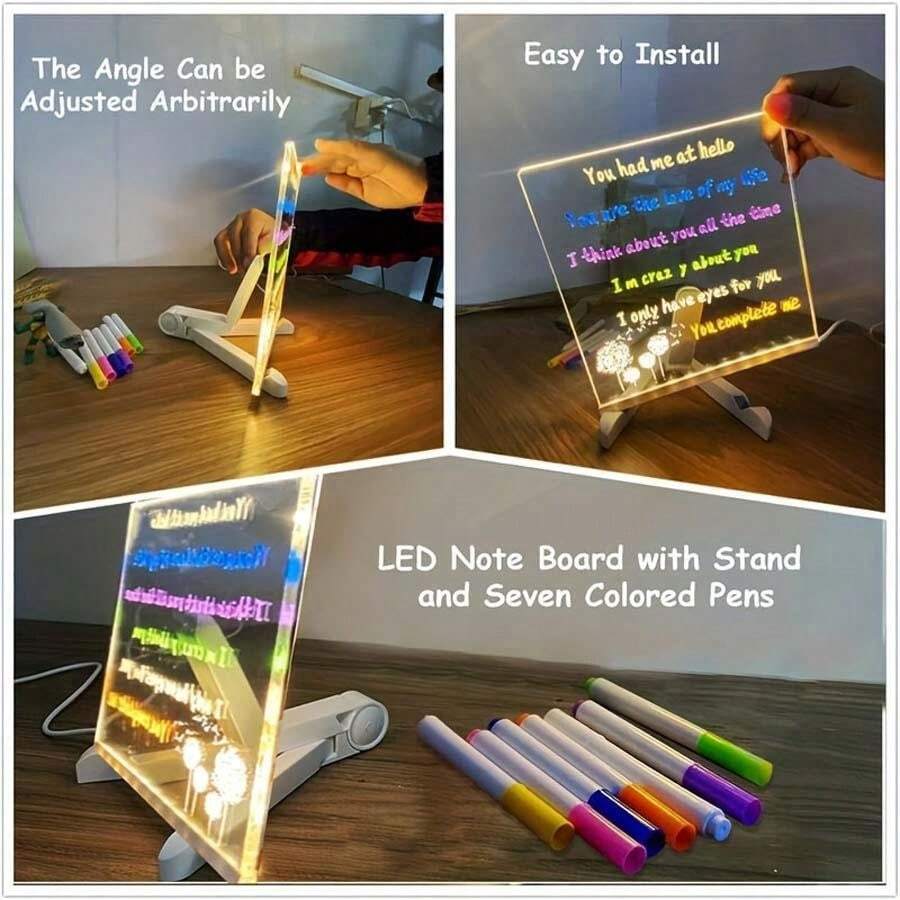 Pizarra Luminosa LED Acrílica - 30x20 Cm, 7 Colores, Limpiable, USB-C, Ideal Para Notas, Dibujos Y Decoración