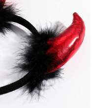 1 Pieza Diadema con cuernos de demonio y orejas peludas para niños, niñas, adultos - Accesorios lindos para disfraz de demonio, cosplay - Favor de fiesta con temática de Halloween - Rojo y negro - cuernos de diablo cortos - Ver 3