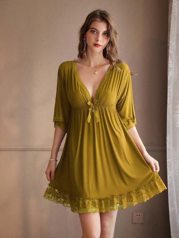 1pc Women's Solid Color V-Neck Sleepwear, Stylish Revealing Shoulder Design