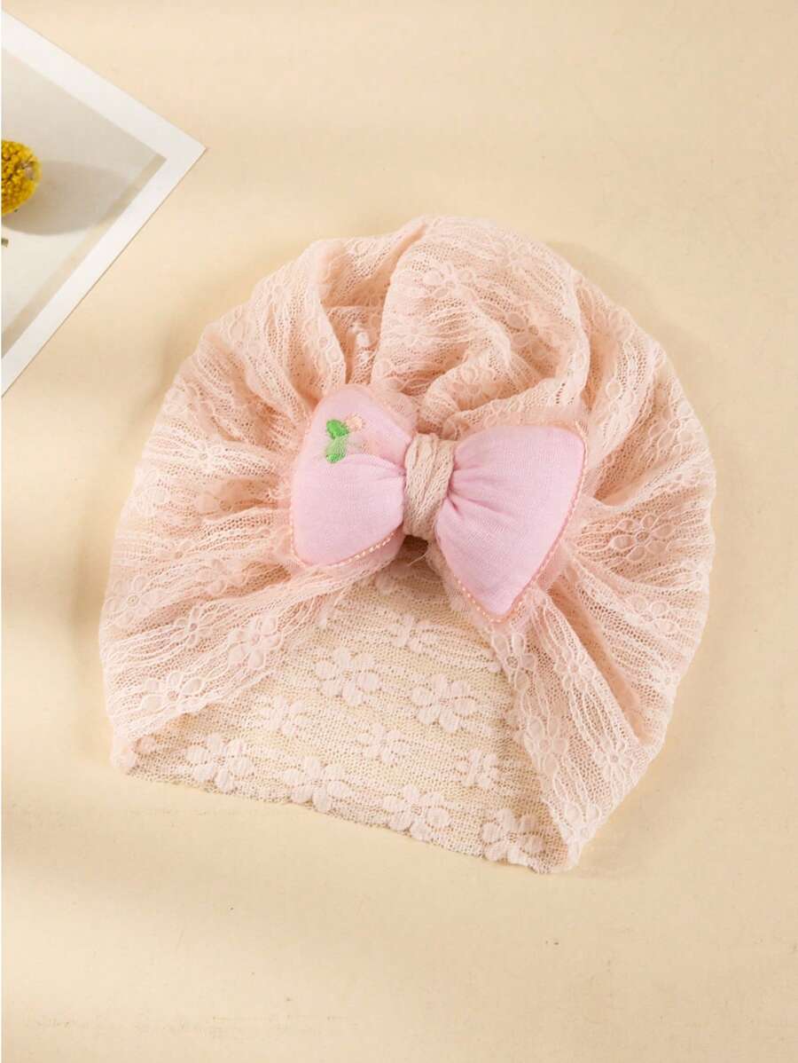 1pc Summer Baby Girl Embroidered Lace Cap, Breathable & Lovely Bowknot Infant Hat - Pink - View 1