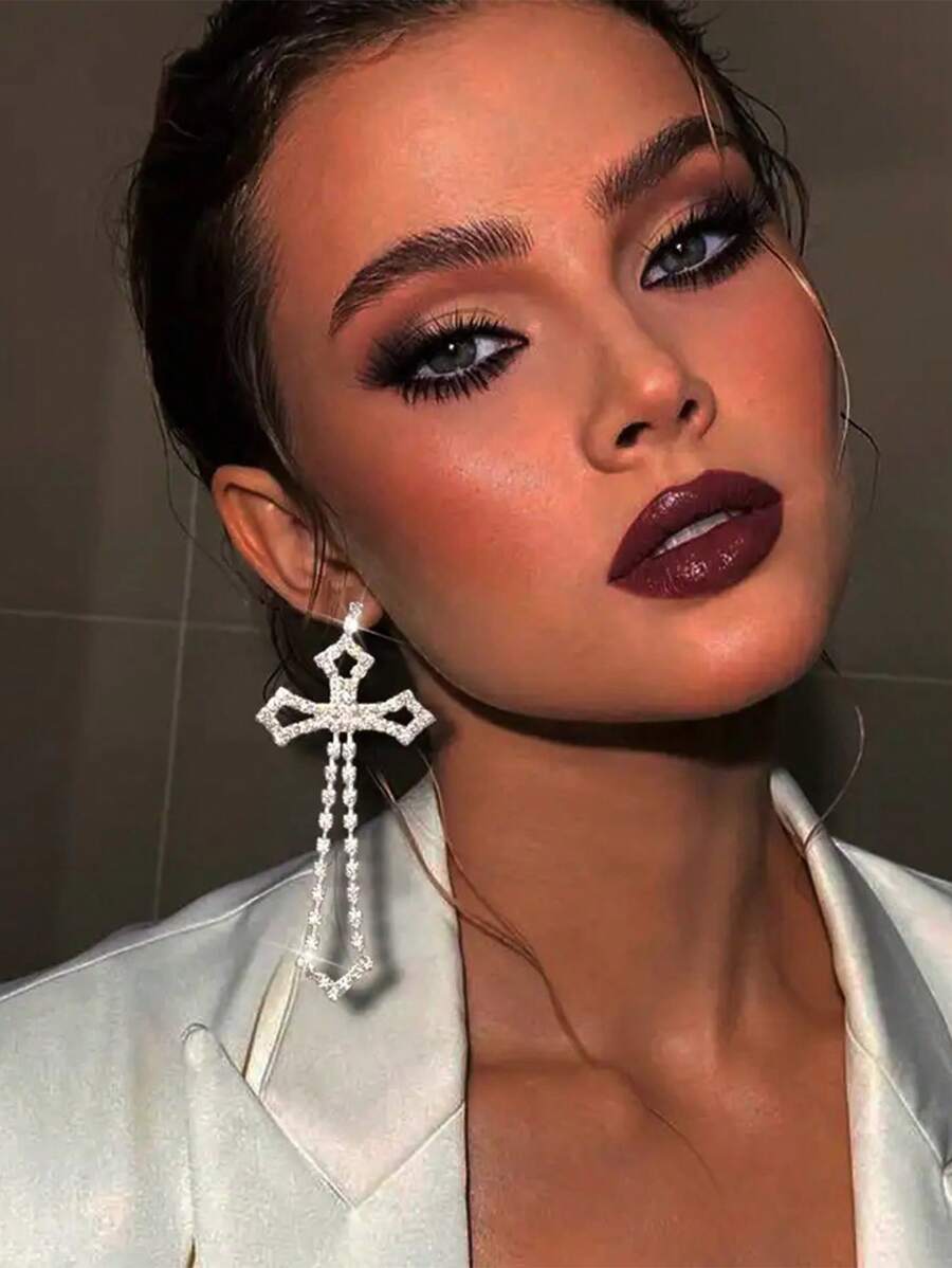 1Pair Sparkly Crystal Dangle Cross Eaaring For Women Rhinestones Blessing Jewelry Gift - Rhinestone Earrings - View 1