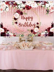 1 pieza 100cm*150cm Tema de flores rojas y rosas de Feliz Cumpleaños Poliéster Fondo de tela de fondo de fotografía para decoración del hogar, accesorios para fotografías de decoración de cumpleaños de mujeres - Multicolor - Ver 6