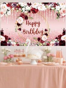 1 pieza 100cm*150cm Tema de flores rojas y rosas de Feliz Cumpleaños Poliéster Fondo de tela de fondo de fotografía para decoración del hogar, accesorios para fotografías de decoración de cumpleaños de mujeres - Multicolor - Ver 4