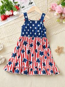 Young Girl American Bow Straps Cami Dress With Elastic Waist For 4th Of July Outfit