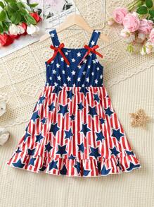 Young Girl American Bow Straps Cami Dress With Elastic Waist For 4th Of July Outfit