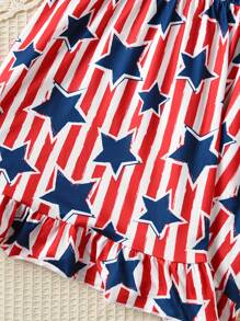 Young Girl American Bow Straps Cami Dress With Elastic Waist For 4th Of July Outfit