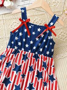 Young Girl American Bow Straps Cami Dress With Elastic Waist For 4th Of July Outfit