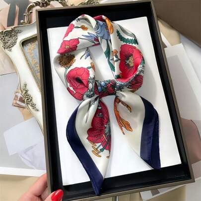 1個 新品 ヴィンテージ フローラルパターン正方形スカーフ/バンダナ サテン調手触り、ソフトでなめらか、女性用マルチファンクション(ヘアバンド/ネックスカーフ/ヘアアクセサリー/ショール)