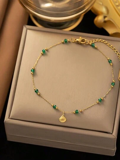 1pc Elegant And Vintage 18K Gold-Plated Stainless Steel Anklet, Decorated With Small Seashells And Green Plastic Beads. Suitable For Women To Wear In Daily Life Or On Vacation, Or As A Gift For Valentine's Day Valentines,Mom,Mother,Mother's Day,Gift