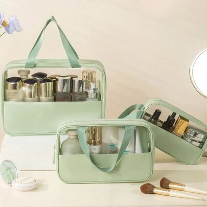 1个便携式化妆包，防水防尘，配有宽大提手，容量大，性价比高。透明顺滑拉链设计，开口大，方便取用。多功能PU材质洗漱包，可拆卸设计。提供小号/中号/大号三种尺寸可选。化妆旅行洗漱收纳包，透明实用，是馈赠佳品，也是圣诞礼物、手拿包/小手提包、化妆品收纳包、化妆刷收纳包、迷你收纳包、大容量收纳包等的理想之选。