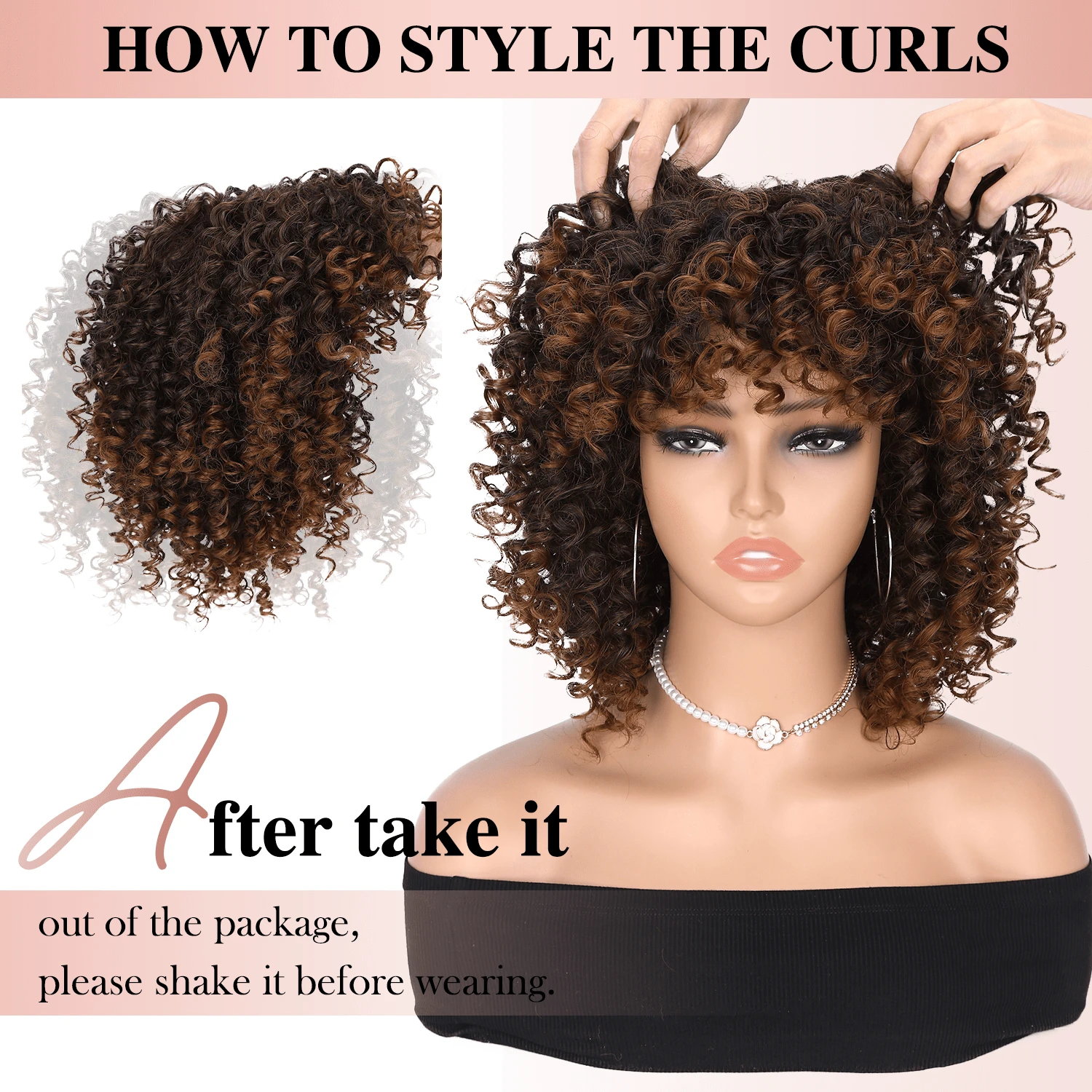 Short Curly Afro Wig With Bangs Kinky Curly Wig For Women Synthetic Ombre Brown Curly Wigs