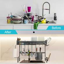 Over The Sink Dish Drying Rack (Expandable Height And Length),Adjustable Stainless Steel Kitchen Drainer Organizer For Plates,Cups, Knife,Utensils - Space,Saving Design,25.6-35.5 Inch