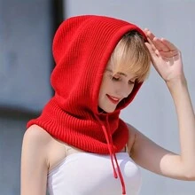 Conjunto de gorro e cachecol de malha de cor sólida feminino, 1 peça, grosso e quente, proteção auricular, versátil com capuz para outono/inverno