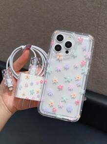 Colorful Floral Pattern Air Cushion Phone Case + Charger Protector Cover & Anti-Bite Cable Organizer