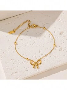 1入新款金色不掉色不鏽鋼項鍊套裝，由逃亡公主風格蝴蝶結及圓珠組成吊墜，女性時尚極簡鎖骨鏈 - 金黃色 - 查看 3
