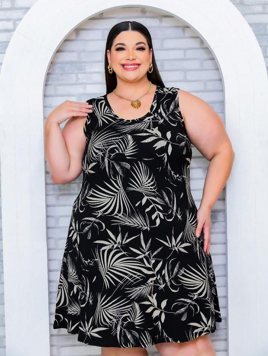 Plus Size Dresses - 印花黑色 - 查看 1